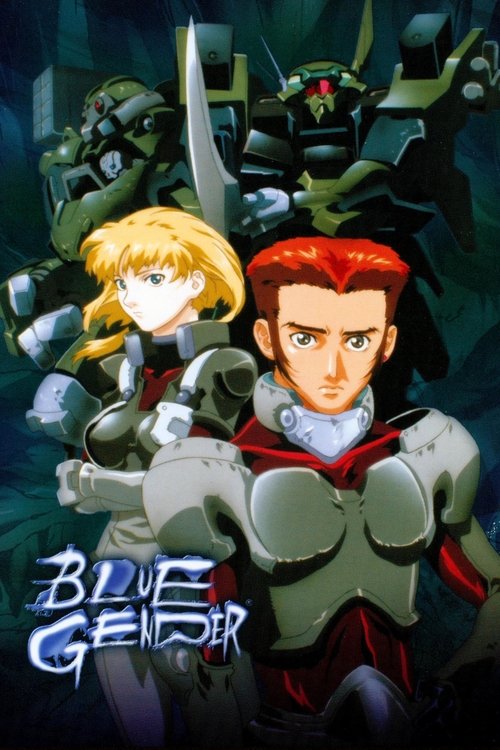 The poster features a dynamic scene with a blonde girl and a red-haired boy in futuristic armor, set against a dark, mysterious background. The colors are vibrant yet moody, creating an adventurous and epic atmosphere that hints at the show's sci-fi genre.