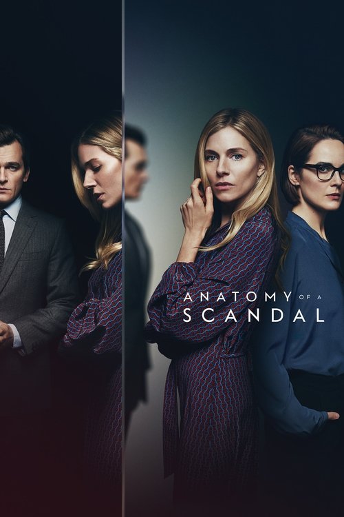 The poster features four women in professional attire against a dark, dramatic background. The central figure, wearing a purple sweater, holds her hand to her face, exuding mystery and intrigue. The title "Anatomy of a Scandal" is prominently displayed in white text. The overall mood is suspensef...