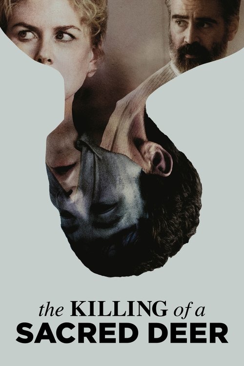 The poster features a hauntingly beautiful collage of three faces—two women and a man—against a stark white background. The mood is eerie and mysterious, with dark tones and a sense of impending tragedy. The title, "The Killing of a Sacred Deer," is prominently displayed at the bottom in bold, ev...
