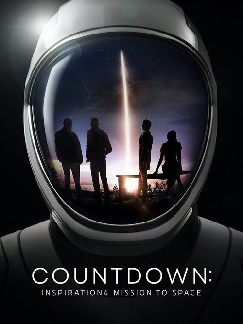 The poster features silhouettes of four astronauts standing before a bright, glowing rocket launch, framed by a futuristic helmet. The dark background contrasts with the vivid colors of the rocket and sky, creating a dramatic and inspiring mood. The title "Countdown: Inspiration Mission to Space"...