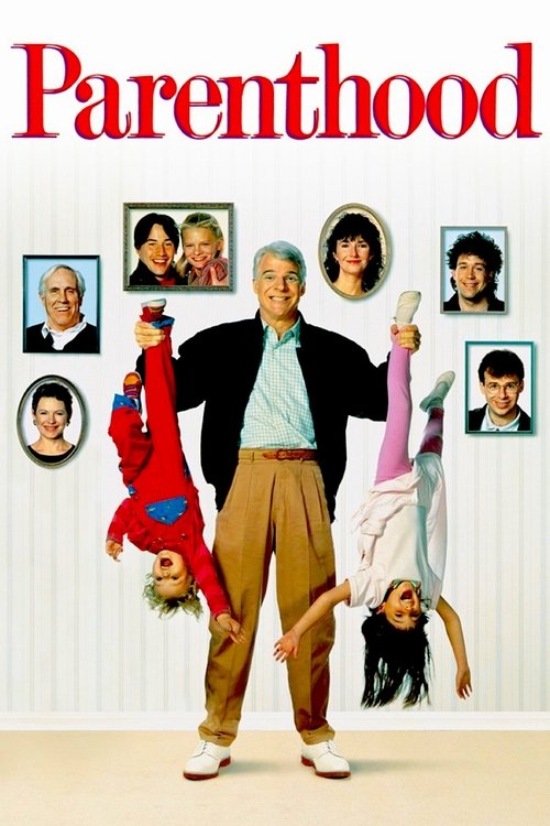 This vibrant poster features a central couple surrounded by family portraits, capturing the warmth and humor of parenthood. The playful red and white color scheme, along with the dynamic poses of the characters, evoke a lighthearted and affectionate mood.