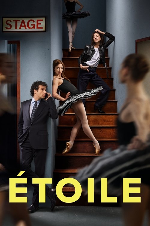 The poster features a dramatic scene with a man in a suit on the left, a woman in a black dress mid-stride on the stairs, and another woman in a white shirt and black pants standing on the stairs. The background is dark with a sign reading "STAGE," suggesting a professional setting. The bold yell...