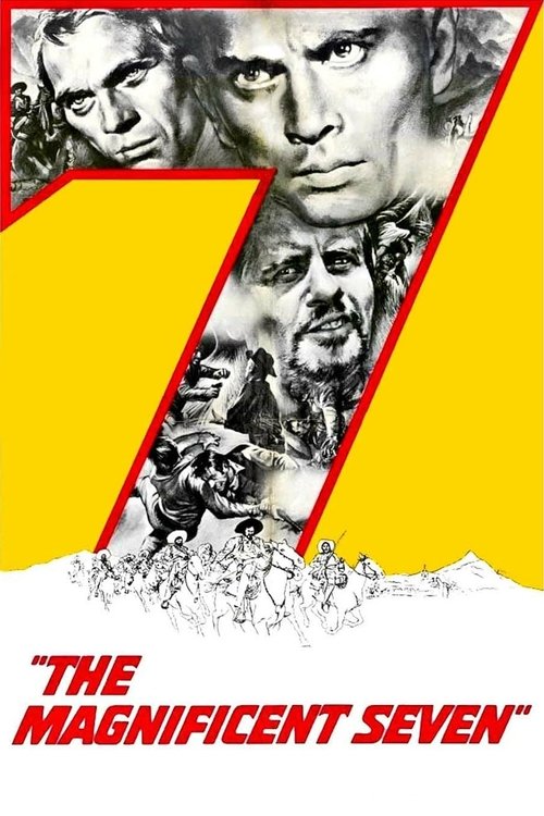 The poster features a dramatic collage of seven men in various expressions, set against a bold yellow background with a striking red "7" and the tagline "The Magnificent Seven" at the bottom. The gritty, intense atmosphere evokes a sense of adventure and action.