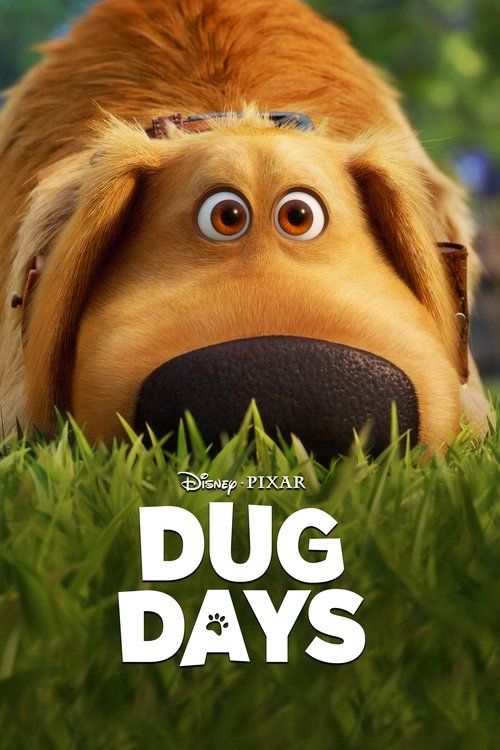 The poster features a golden retriever puppy peeking over green grass, exuding a playful and curious mood. Disney Pixar branding is subtly integrated, emphasizing the beloved character's charm.