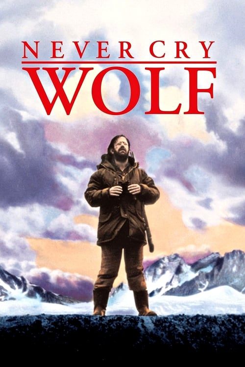 The poster features a lone figure standing on a snowy mountain peak, evoking a sense of isolation and solitude. The dramatic sky with swirling clouds and warm sunset hues adds a mystical atmosphere to the scene. The bold red title "NEVER CRY WOLF" stands out against the backdrop, hinting at theme...