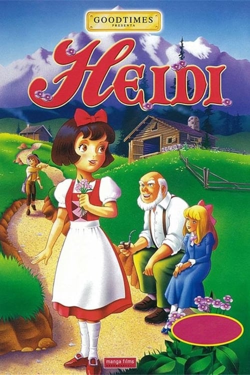 This vibrant poster features Heidi in her iconic white dress, surrounded by charming characters like the elderly man and young girl. The scene is set against a picturesque backdrop of green fields, a cozy cabin, and a clear blue sky. The warm colors evoke a nostalgic, heartwarming mood, capturing...