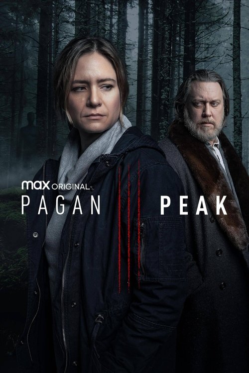 The poster features two characters in a dark, misty forest setting. The woman in the foreground wears a dark coat and looks determined, while the man behind her wears a lighter coat and has a serious expression. The title "Pagan Peak" is prominently displayed in white text, with red vertical line...
