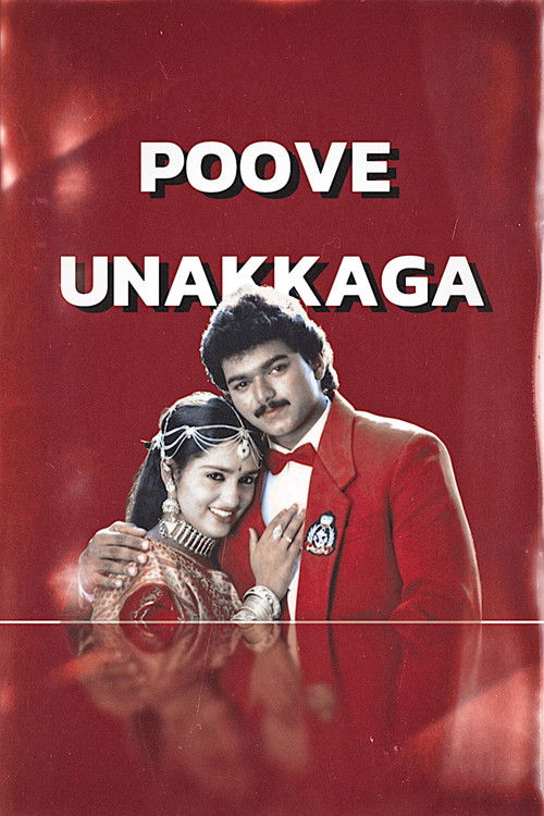 The poster features a man and woman in a red suit, with the title "POOVE UNAKKAGA" prominently displayed. The woman looks surprised, while the man appears confident. The red background adds a dramatic and intense atmosphere, suggesting a powerful and dramatic narrative.