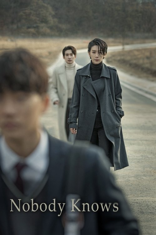 The poster features a group of three individuals walking along a deserted road, with one person in the foreground blurred. The muted earth tones and somber mood suggest a tense or mysterious atmosphere.