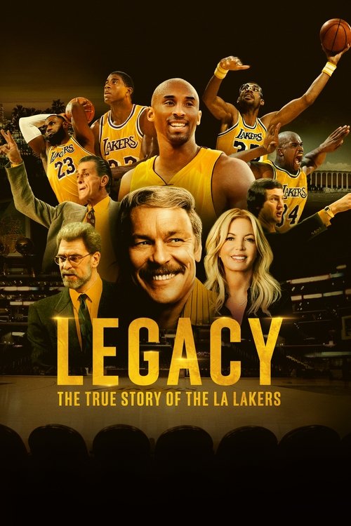 The poster features a dynamic collage of Lakers players in action, with iconic colors of yellow, purple, and orange dominating the composition. The mood is energetic and nostalgic, capturing the spirit of the franchise while highlighting the legacy of the LA Lakers.
