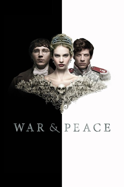The poster features three characters against a stark black-and-white split, with the title "War & Peace" prominently displayed. The central figure wears a crown, symbolizing power, while the others appear in period attire. The muted tones and dramatic expressions evoke a sense of historical drama...