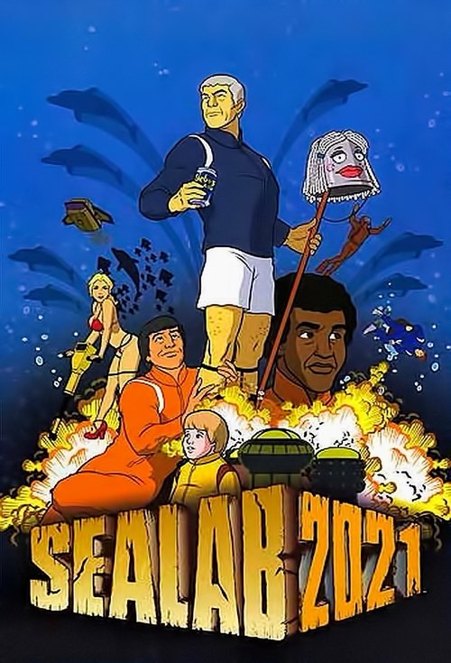 The poster features a vibrant underwater scene with a group of characters in colorful suits, including a man in a blue uniform and a woman in orange. The background is filled with glowing bubbles and a dark blue ocean, creating an adventurous and mysterious atmosphere. The title "Sealab 2021" is ...