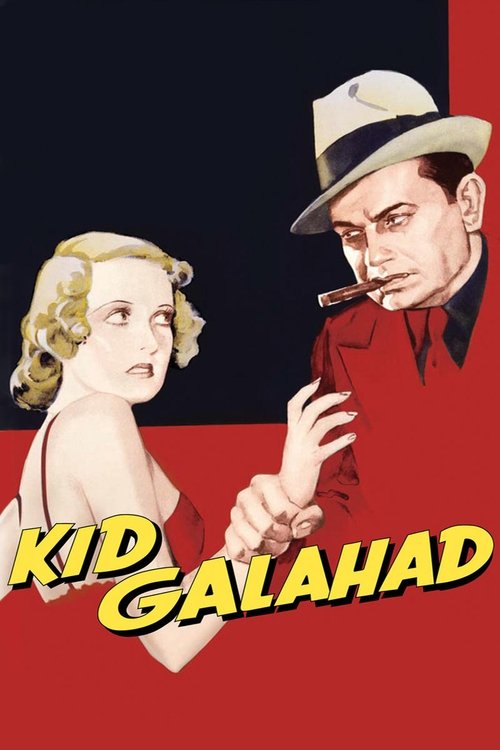 The poster features a glamorous blonde woman in a red dress and a stylish man in a fedora, both set against a bold red background. The title "Kid Galahad" is prominently displayed in yellow, suggesting a classic adventure film. The mood is adventurous and stylish, capturing the essence of the 195...