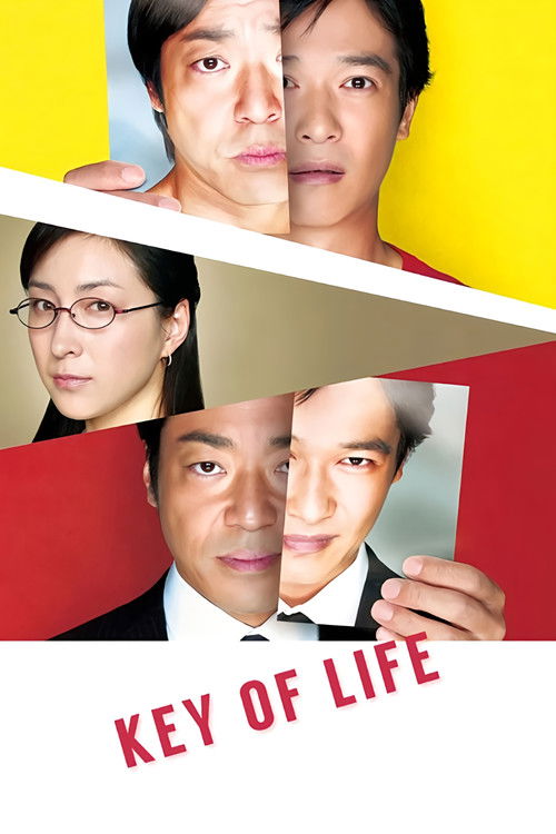 The poster features four individuals with intense expressions, set against a vibrant yellow background. The red and white sections suggest drama and intrigue, while the bold text "KEY OF LIFE" hints at a narrative of personal transformation. The composition conveys a sense of tension and emotiona...