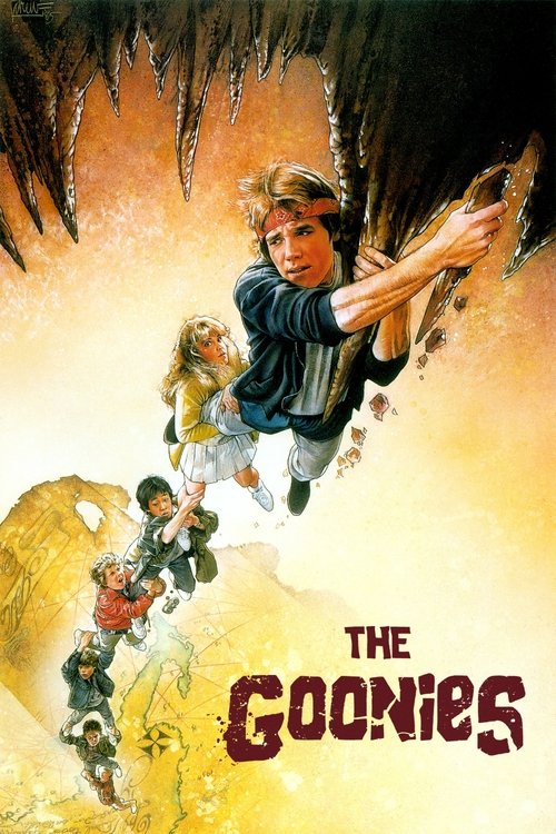 The Goonies poster features a group of children in action poses against a dramatic, fiery background. The warm yellows and oranges evoke a sense of adventure and danger, while the dark, jagged shapes above suggest an ominous cave or forest setting. The title "The Goonies" is prominently displayed...