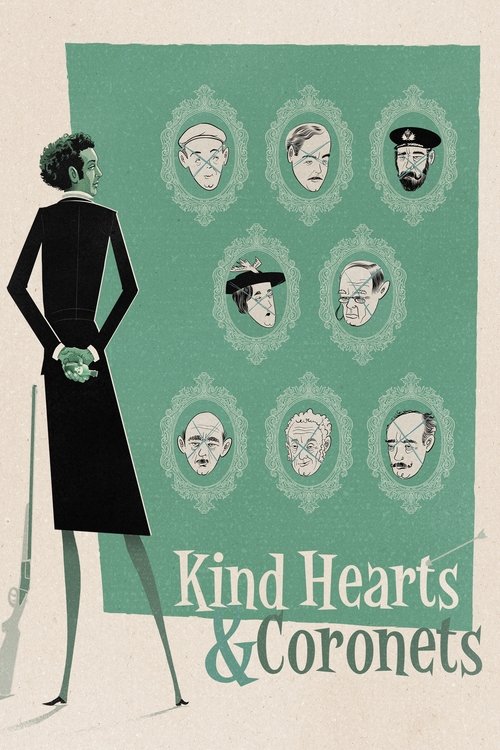 The poster features a woman in a black dress holding a bouquet against a mint-green background, surrounded by nine circular portraits of men in various hats. The mood is whimsical and romantic, capturing the charm of the classic film.
