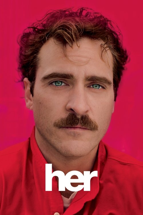 The poster features a man with a mustache and blue eyes against a vibrant pink background, conveying a sense of mystery and intrigue. The bold white text "her" anchors the image, hinting at the film's romantic and dramatic narrative.