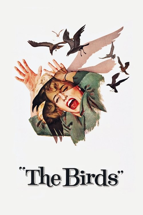 The poster features a woman screaming amidst flying birds, with a green jacket and red lips. The scene is chaotic and intense, conveying fear and urgency. The title "The Birds" is prominently displayed at the bottom.