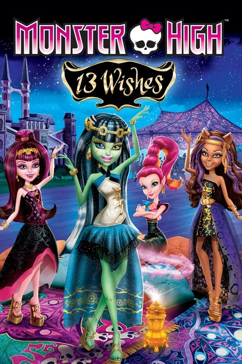 This vibrant Monster High poster features four diverse characters in colorful outfits, exuding confidence and charm. The magical purple and blue color scheme creates a whimsical, enchanting atmosphere, while the glowing eyes and expressive poses suggest an adventurous and fun-filled story.