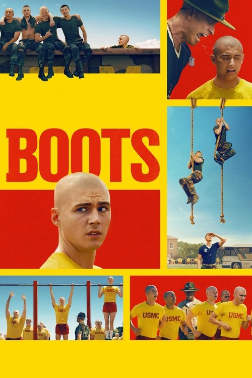 The poster features a collage of characters in action poses against vibrant yellow and red backgrounds. The central figure, a bald man in a yellow shirt, dominates the lower section with a serious expression. Above him, characters are depicted in dynamic poses—some climbing, others standing toget...