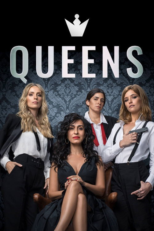 The poster features four women in formal black and white outfits, exuding elegance and confidence. The central figure wears a striking black dress, drawing attention to her expressive face. The dark background with subtle patterns adds depth and sophistication. The crown symbolizes royalty and po...