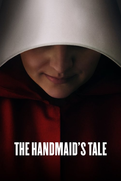 The poster features a young girl with a serene, almost serene expression, partially hidden by a white hood. She wears a rich red garment, creating a striking contrast against the dark background. The title "The Handmaid's Tale" is prominently displayed in bold white letters at the bottom, evoking...
