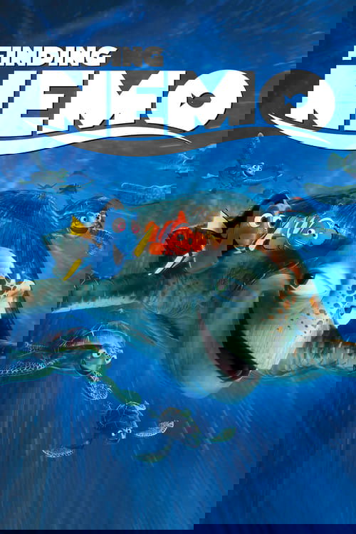 The poster features a vibrant underwater scene with Nemo swimming alongside Dory and other colorful fish. The deep blue ocean backdrop creates a mysterious yet adventurous mood, while the bright white title "Finding Nemo" stands out prominently against the serene aquatic environment.
