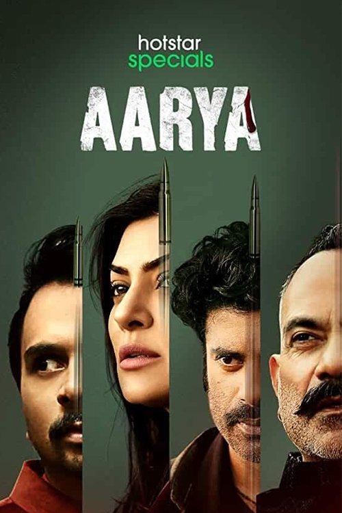 The poster features four men with intense expressions, set against a dark green background. The title "AARYA" is prominently displayed in bold white letters. The overall mood is dramatic and mysterious, hinting at a thrilling narrative.