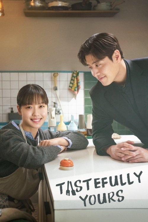 The poster features a warm kitchen scene with two characters leaning over a white countertop. The man in the foreground wears a dark sweater and gazes thoughtfully at the woman beside him, who smiles warmly. The kitchen is softly lit with natural light filtering through, creating a cozy, inviting...