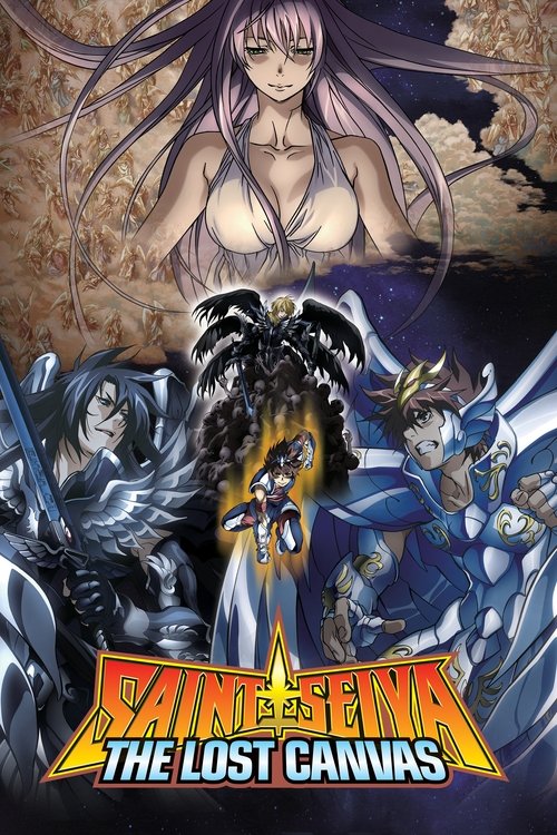 The poster features a dramatic scene with a central female character in a white bikini, surrounded by other characters in dynamic poses. The background is filled with swirling colors like blue, purple, and gold, creating a mystical atmosphere. The title "Saint Seiya: The Lost Canvas" is prominent...