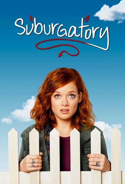 The poster features a woman with red hair standing behind a white picket fence, looking directly at the viewer. The background is a bright blue sky with fluffy white clouds, creating a cheerful and dreamy atmosphere. The title "Suburgatory" is written in a whimsical, cursive font at the top.