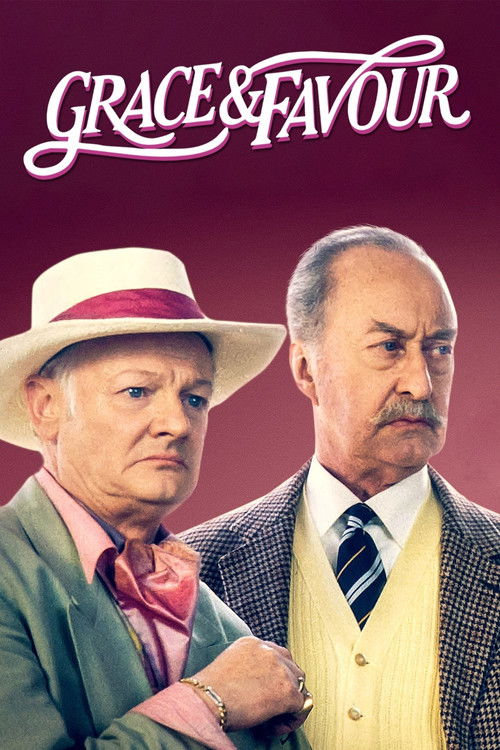The poster features two distinguished men in formal attire, one wearing a wide-brimmed hat and the other in a suit, set against a deep purple background. The title "Grace & Favour" is elegantly written in a cursive font. The mood suggests a classic drama with a touch of sophistication and intrigue.
