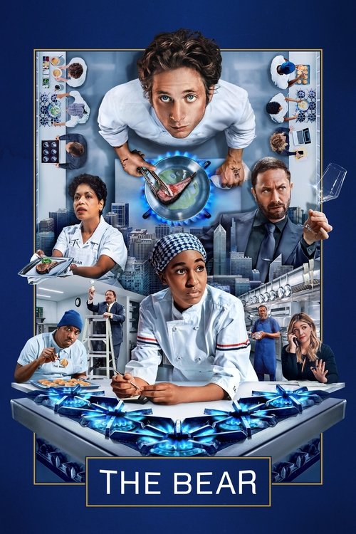 The poster features a chaotic collage of characters in white chef uniforms against a dark blue background. A central figure with a chef's hat looks intense, surrounded by smaller images of food and kitchen scenes. The mood is humorous and surreal, with vibrant blues and warm tones creating a visu...