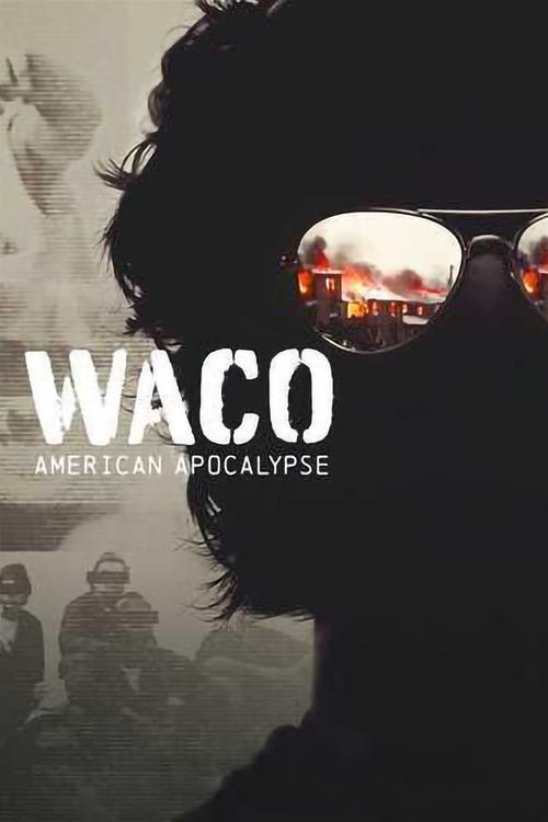 The poster features a silhouetted figure wearing sunglasses that reflect a chaotic scene of burning buildings and debris, evoking a sense of impending doom and destruction. The muted, desaturated tones of the image convey a somber and ominous mood, while the stark white text "WACO" anchors the co...