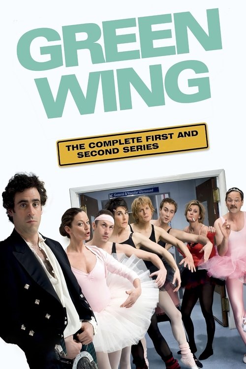 The poster features a group of young women in colorful dresses, with one woman in a black jacket standing prominently in the foreground. The title "GREEN WING" is displayed in bold, light green letters at the top, while a yellow banner indicates it's a complete first and second series. The overal...