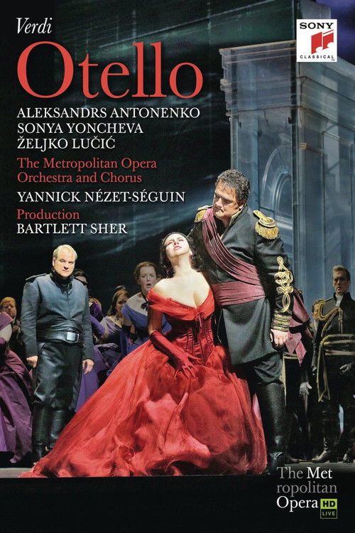 This dramatic poster features Verdi's iconic red opera dress against a dark, moody backdrop. The scene captures the emotional intensity of the play, with actors in period costumes conveying the tragic romance and betrayal central to Otello's story. The rich colors and dramatic lighting enhance th...