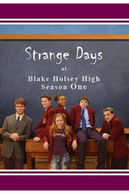 This TV show poster features six students in matching red jackets, exuding a youthful and spirited mood. The chalkboard background with the show's title adds a classic school aesthetic, while the purple and gold accents suggest a vibrant and energetic atmosphere.