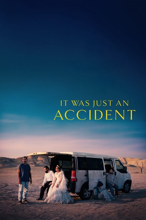 The poster features a group of people gathered around a white van in a desert landscape, evoking a sense of mystery and adventure. The warm sunset hues blend with the cool blues of the sky, creating a dramatic and romantic atmosphere. The title, "It Was Just an Accident," hints at a story of unex...