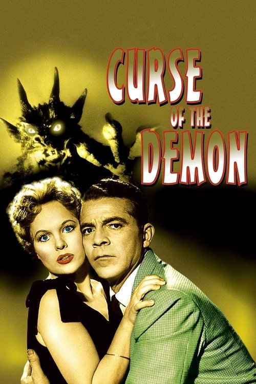 The poster features a dramatic scene with a man in a green suit and a woman in a black dress, both looking intense. The title "CURSE OF THE DEMON" is prominently displayed in bold red letters. The background is dark with a glowing, ominous figure looming behind the characters, creating a suspense...