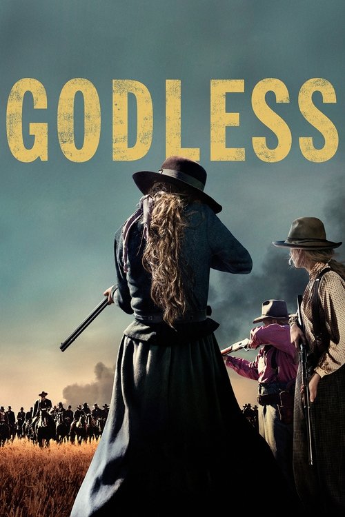 The poster features a lone figure with long hair and a hat, holding a rifle, standing against a dramatic sky. To the right, a man in a hat looks on, while a woman in pink stands nearby. The muted earth tones and somber mood convey a sense of historical drama and mystery.