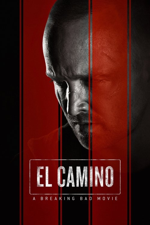 The poster features a dark, shadowy figure with a serious expression against a vivid red background, evoking a sense of mystery and danger. The bold white text "EL CAMINO" stands out prominently, while the tagline "A BREAKING BAD MOVIE" hints at the film's intense narrative. The overall compositi...