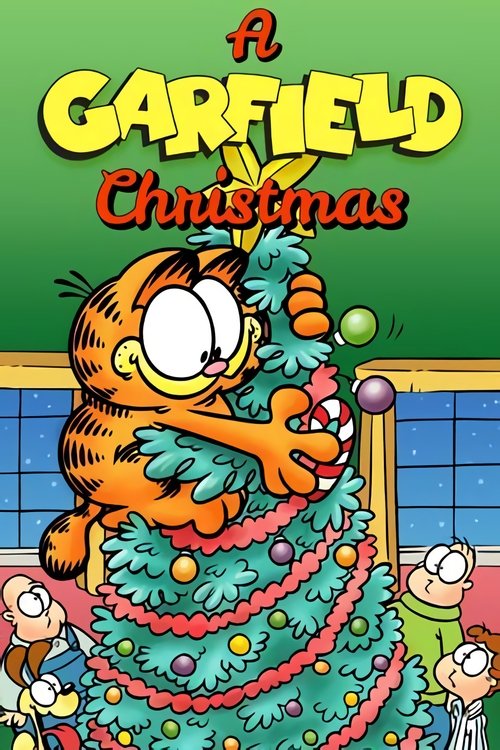 A vibrant Garfield Christmas poster features a cheerful orange cat surrounded by festive decorations, with children joyfully watching him. The warm colors of red, green, and gold create a cozy holiday atmosphere, capturing the playful spirit of the holiday season.