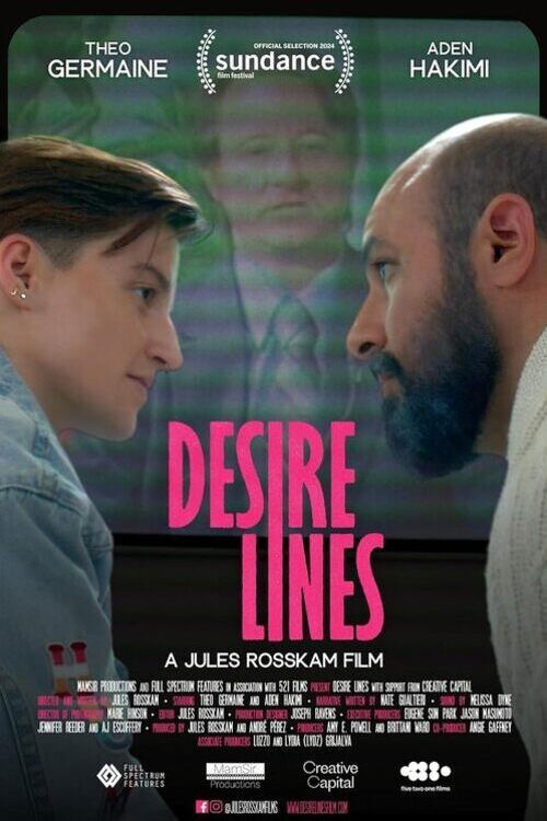 The poster features a close-up of two men facing each other, their expressions conveying deep emotion. The vibrant pink text "Desire Lines" stands out against the muted background, while the names of actors like Tom Hardy and Anna Hakimi are displayed at the top. The overall mood is intense and d...