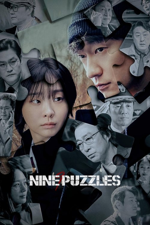 The poster features a collage of people with a somber, mysterious mood. The muted tones and fragmented imagery suggest intrigue and complexity. The title "Nine Puzzles" hints at a narrative filled with hidden meanings and enigmatic figures.