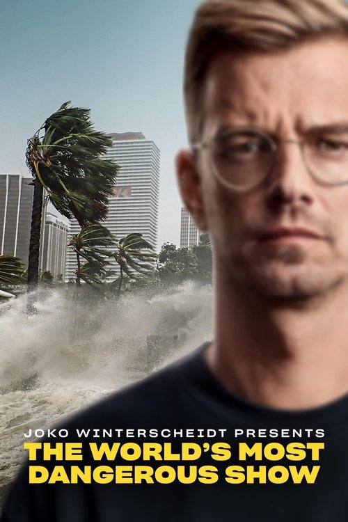 The poster features a man with glasses in the foreground, exuding a serious and intense mood. The background depicts a dramatic scene with a stormy sky, a tall building, and a palm tree swaying violently. The colors are muted, with earthy tones and a hint of blue sky. The text is bold and yellow,...