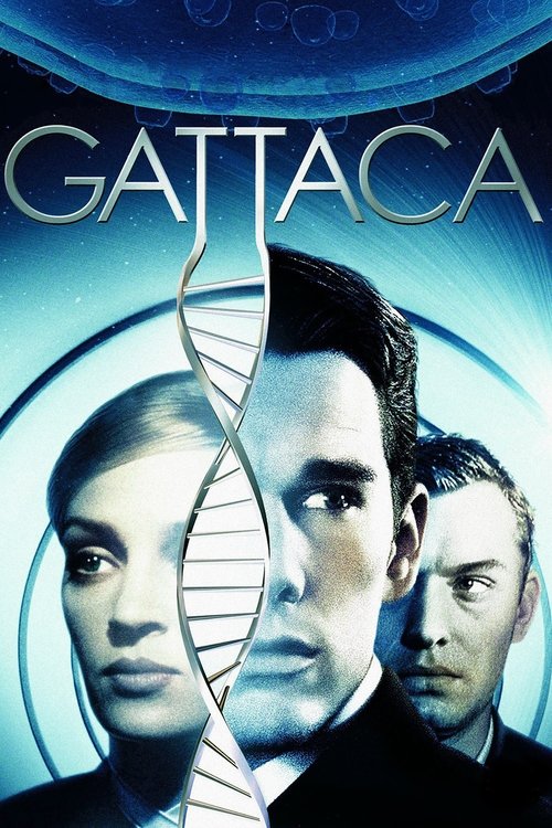 The poster features a man and woman with a man behind them, all framed by a DNA helix. The cool blue tones and dramatic lighting evoke a sense of mystery and intrigue.