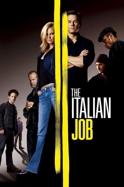 The poster features a dramatic lineup of characters against a dark background, with bold yellow vertical stripes framing the image. The title "The Italian Job" is prominently displayed in white and yellow text, evoking a gritty, action-oriented atmosphere. The mood suggests a high-stakes thriller...