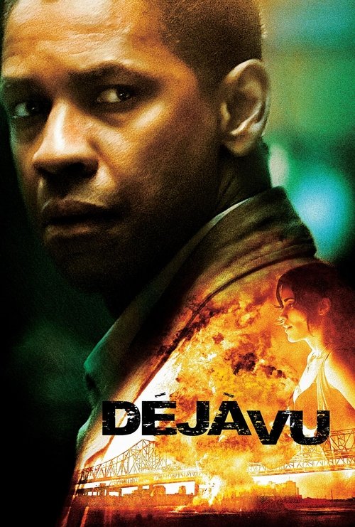 The poster features a close-up of a man with a serious expression, his face partially obscured by shadows. The background is filled with fiery orange and red hues, suggesting danger or urgency. The title "DEJAVU" is prominently displayed in bold, white letters at the bottom, emphasizing the film'...