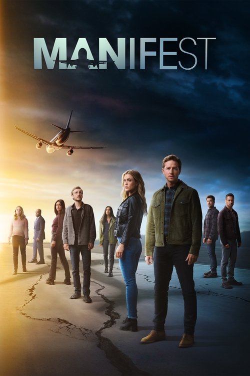 The poster features a group of characters standing on a cracked road under a dramatic sky. The title "MANIFEST" is prominently displayed at the top in bold, metallic letters. The mood is mysterious and adventurous, with warm lighting contrasting the cool blue tones.