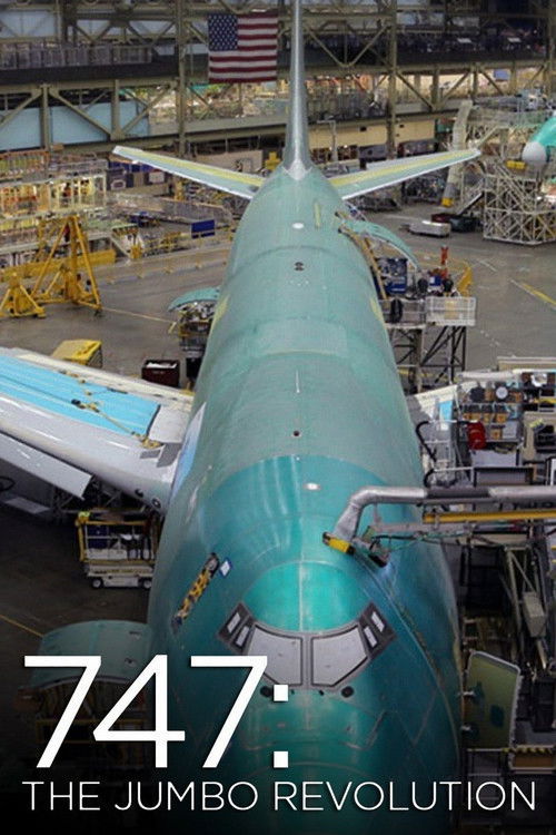 This movie poster features a massive teal-colored Boeing 747 jet in a busy hangar, surrounded by workers and equipment. The vibrant teal color contrasts with the industrial gray tones of the background. The mood is dynamic and energetic, suggesting a thrilling journey through the world of aviatio...